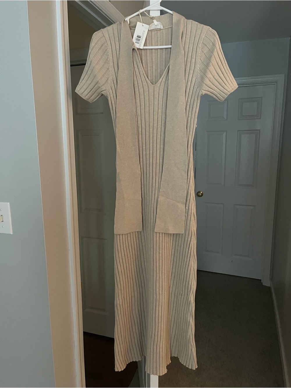 Rebecca Bow Detail Rib-Knit Maxi Dress in Oatmeal